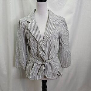Lifestyle Attitude by Larry Levine Blue Striped Seersucker Belted Blazer Size 12